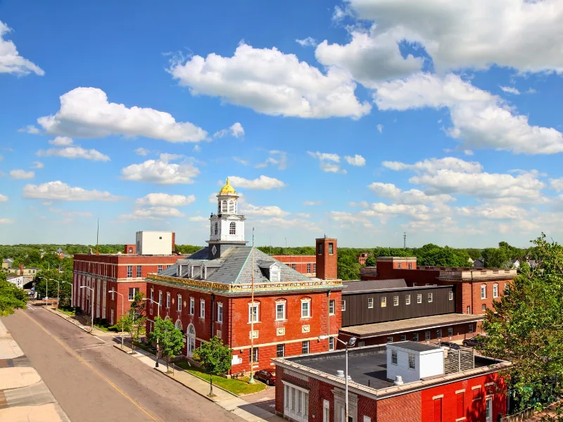 Brockton, Massachusetts commercial buildings under a blue sky